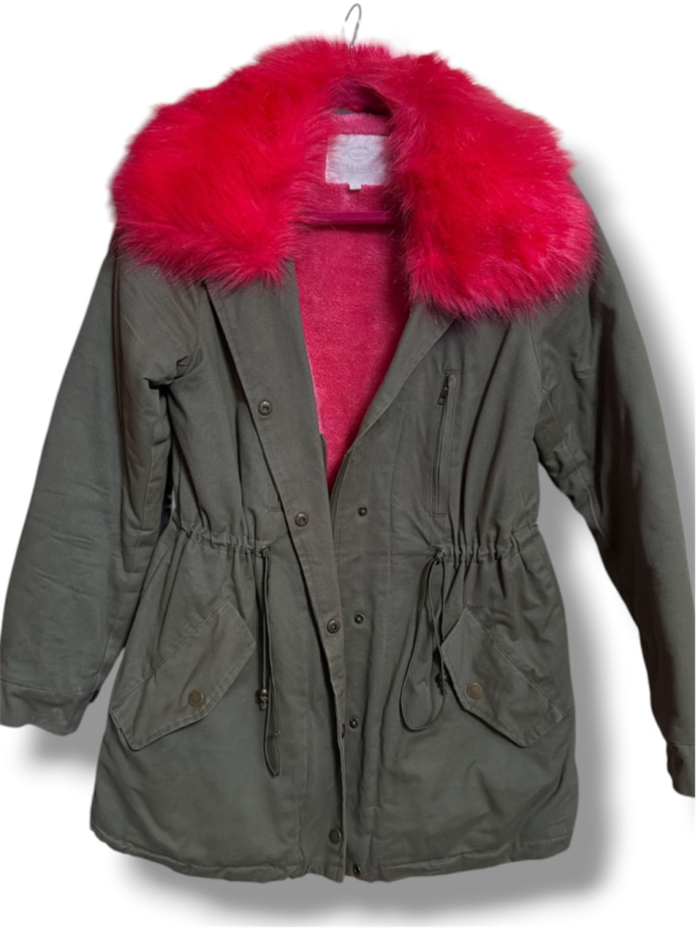 Women's Utility Jacket Olive Green with Pink Faux Fur Trim Size S